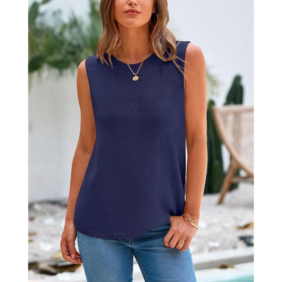 Btfbm Womens Navy Sleeveless Crew Neck Ribbed Knit Lightweight Pullover Sweaters - Picture 4 of 9